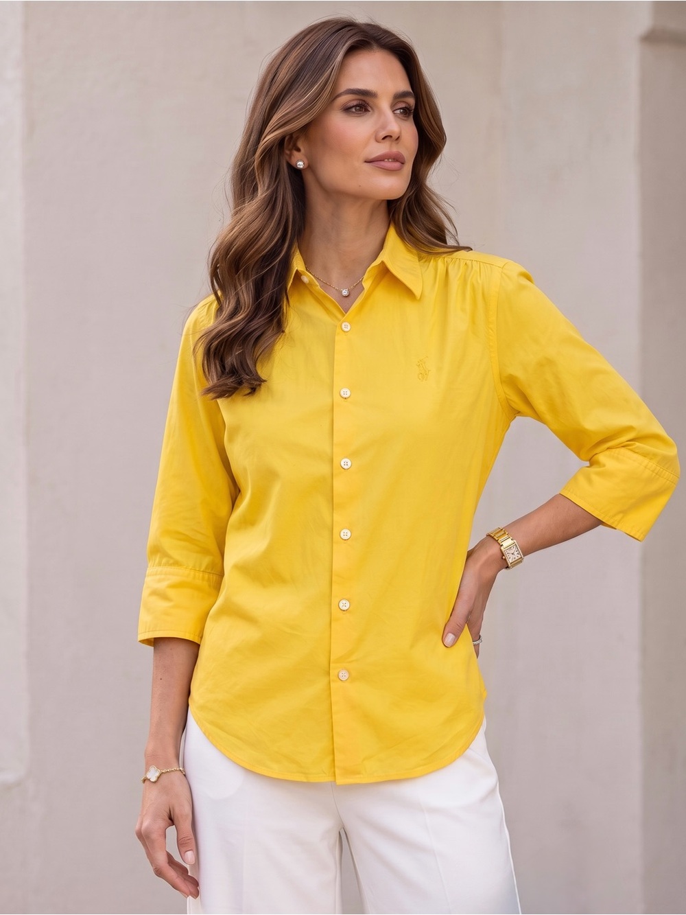 RALPH LAUREN Yellow Collared Button-Up Top Tailored Cotton Ruched Blouse Size 4